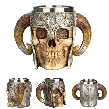 

Halloween Knight horns resin decorative cups Double horns 3D stainless steel drinking cups Whiskey Cup Party Bar Drinkware