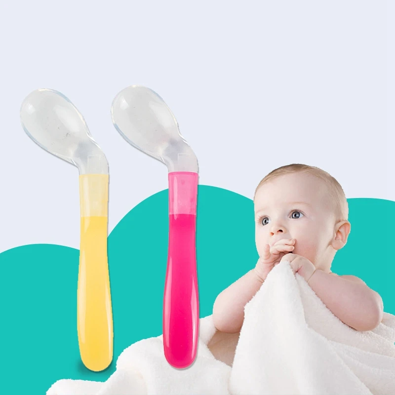 

Baby Curved Spoon Silicone Soft Curved Head Soup Spoon Elbow Spoon Baby Feeding Tableware Feeding training