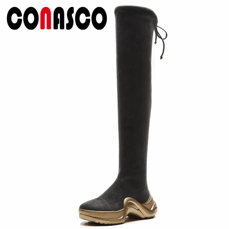 

CONASCO Punk Women Over The Knee High Boots Platforms Autumn Winter Lace Up Stretch Boots Female High Warm Snow Boots Shoes