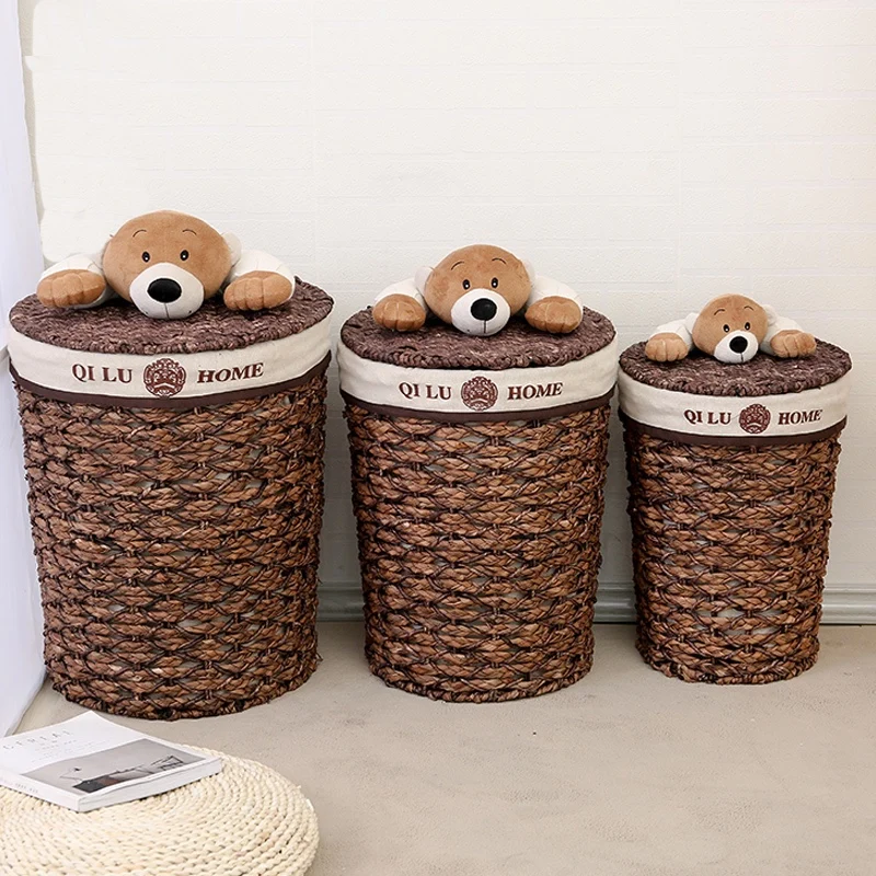 Cartoon bear dirty clothes storage baskets with lid for kids eco-friendly laundry straw weave basket toy storage box with lining