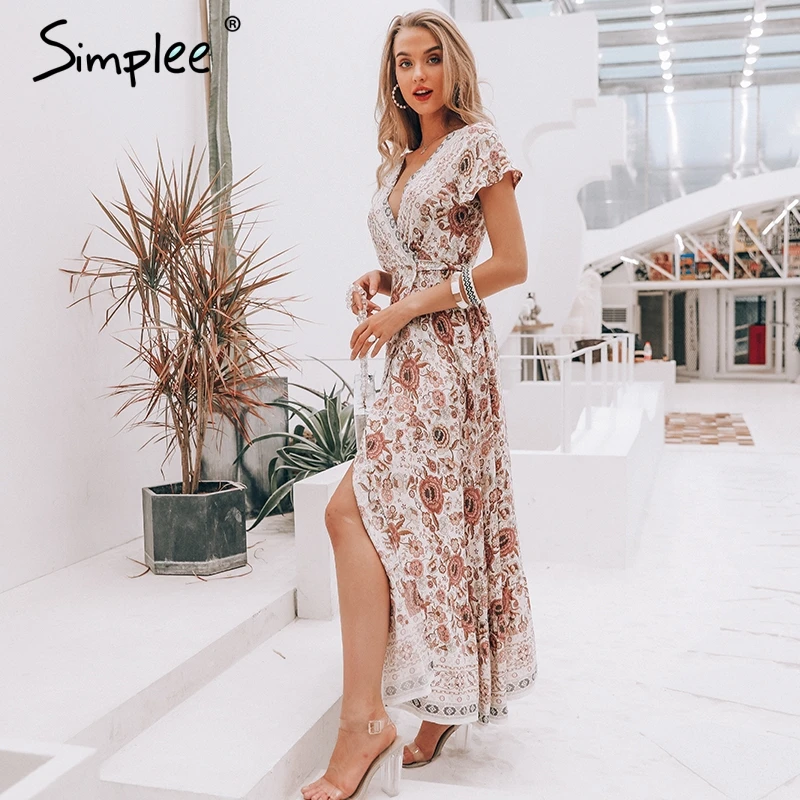 Ceny Simplee vintage, w kwiaty print letnia sukienka wzburzyć podział skrzydła seksowna długa sukienka czeski kobiety sukienka wakacje na plaży sukienka vestidos