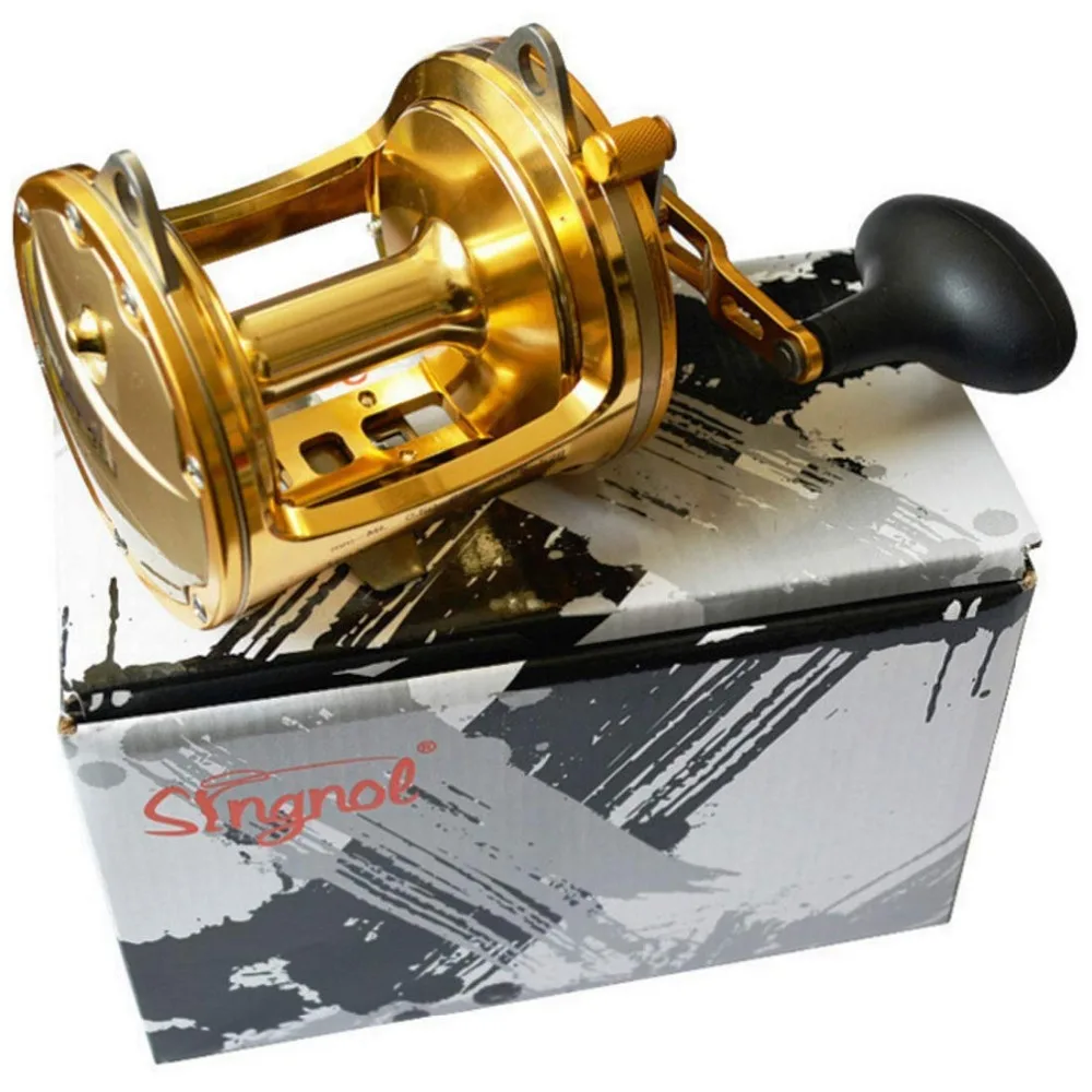 carrete pez profundo Gran hierro carretes de alta fundición SINGNOL oro barco pesca mar gama tambor Metal descuento completo ACT351 modelo Trolling rueda 7 carrete pez profundo Gran 7