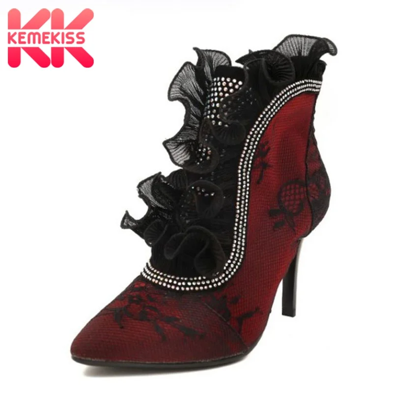 

KemeKiss Sexy Women Genuine Leather High Heel Shoes Lace Flower Beading Thin Heel Pumps Fashion Women Party Shoes Size 34-39