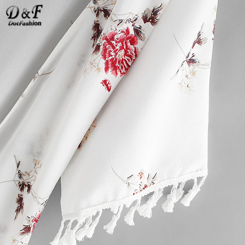 Dotfashion, белая Цветочная блузка-кимоно с бахромой, Женские повседневные топы, пляжная одежда, летняя одежда с помпонами, рубашка с коротким рукавом