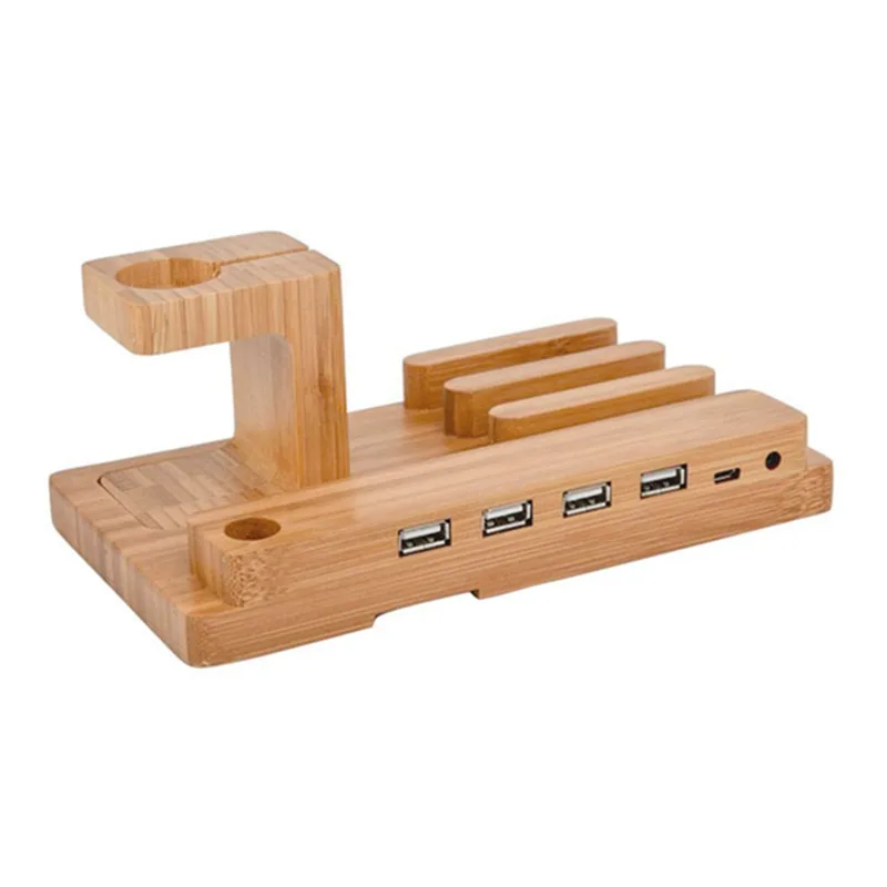  High Quality Multifunctional Bamboo USB Charging Dock Phone Tablet Holder Mount for Apple Watch Pho