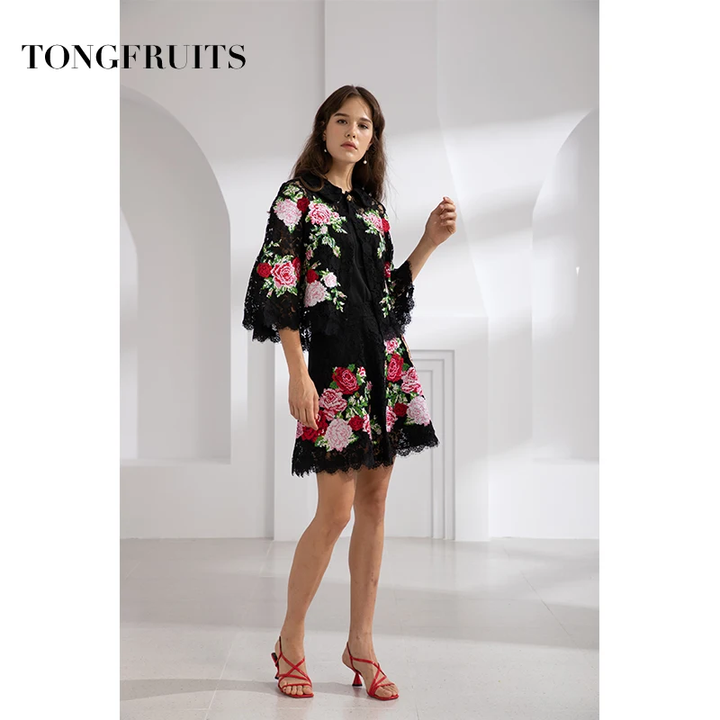 Embroidered Cloak Fashion Runway Cloak Coat Flower Pattern Handmade Embroidered Women Shwal Batwing Sleeve Coat