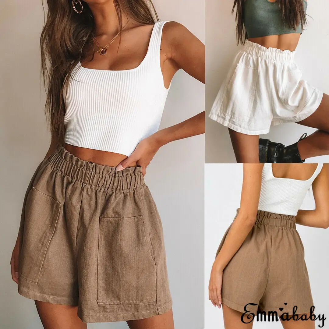 

Women Summer Stylish Loose Shorts Belt Beach High Waist Short Trousers