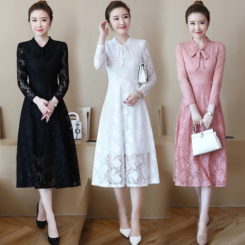 

Autumn Winter Lace Dress 2018 New Fall Women's Long Sleeve Long Lace Dresses Black,Pink,White OL Lady Elegant Vestidos Bow