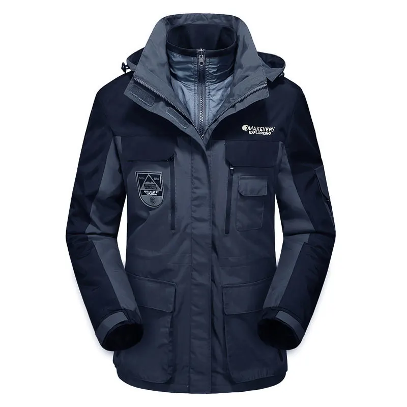 men black blue 2pcs Зимняя мужская повседневная куртка, 2 шт, теплая парка, пэчворк, цветная, с капюшоном, утолщенная, 3 в 1, ветрозащитная куртка, пальто, прямые, брендовые - Цвет: men black blue 2pcs