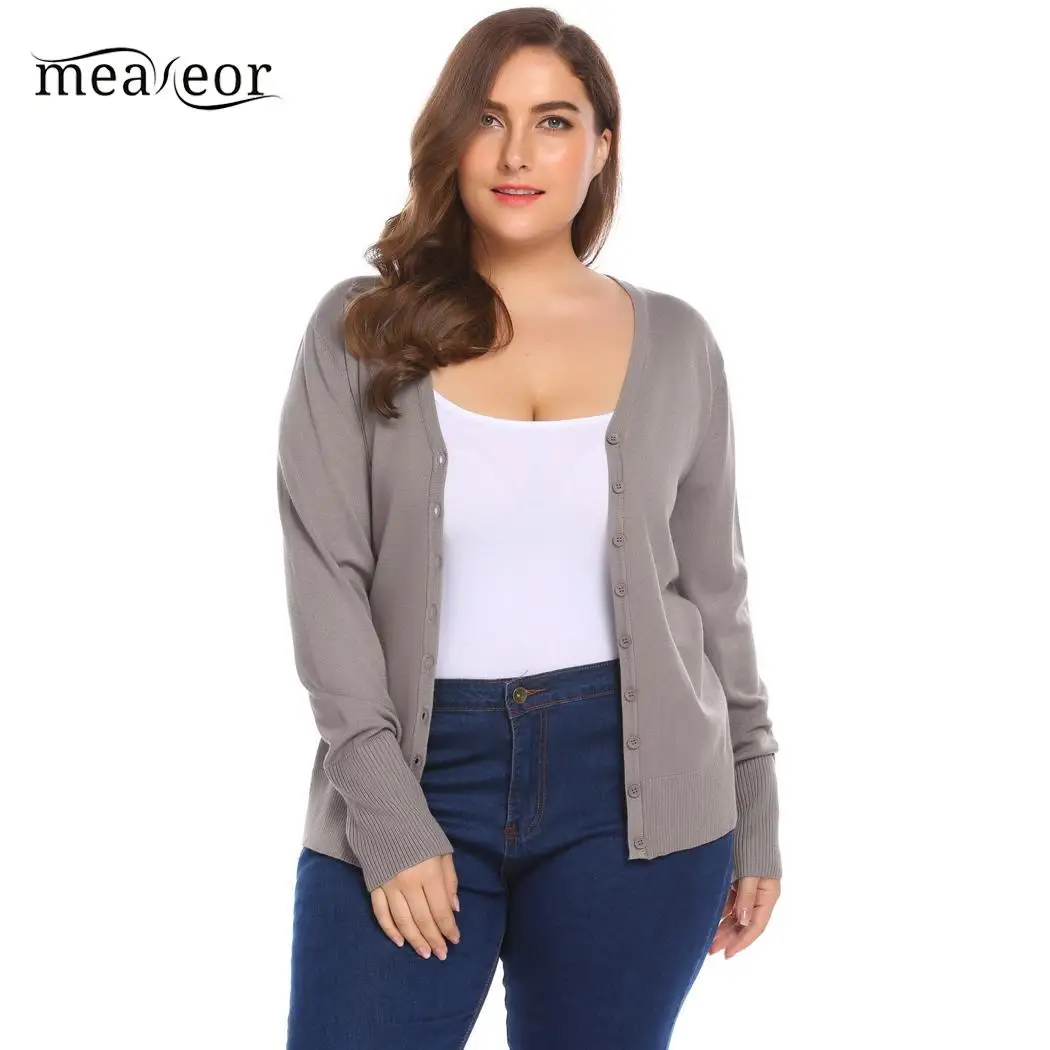 

Meaneor Down V-Neck Long Sleeve Button Women's Sweater Basic Slim Cardigan Sweater Plus Size Loose Knitting Cardigan Sweater