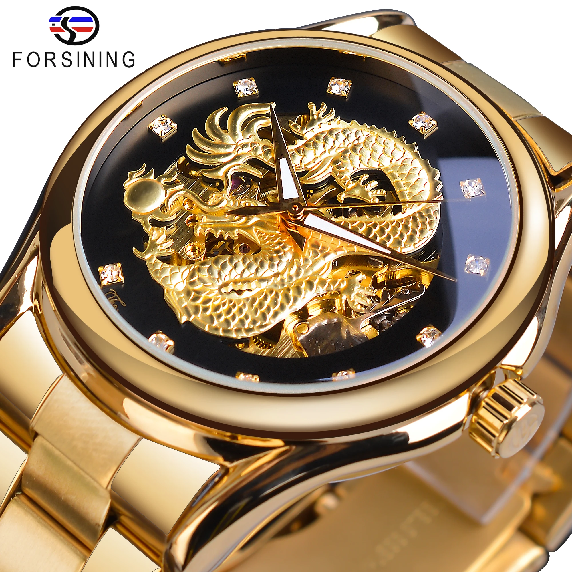 

Forsining Luxury Dragon Skeleton Automatic Mechanical Watches Men Wrist Watch Stainless Steel Strap Gold Clock Waterproof Montre
