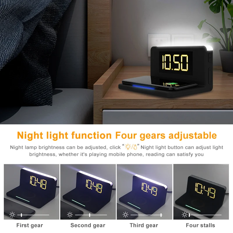 

Household Digital Alarm Clock with Thermometer Temperature Table Desk Clocks Phone Wireless Charger Home Digital Mirror Clock