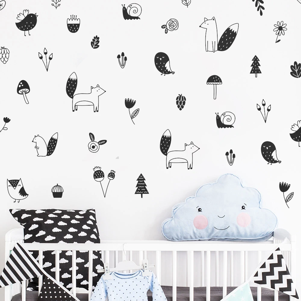 

40pcs/set Forest Woodland Wall Decals Nursery Decor snails fox bird Tree Art Mural Vinyl Wall Sticker Bedroom Kids Decor JW322