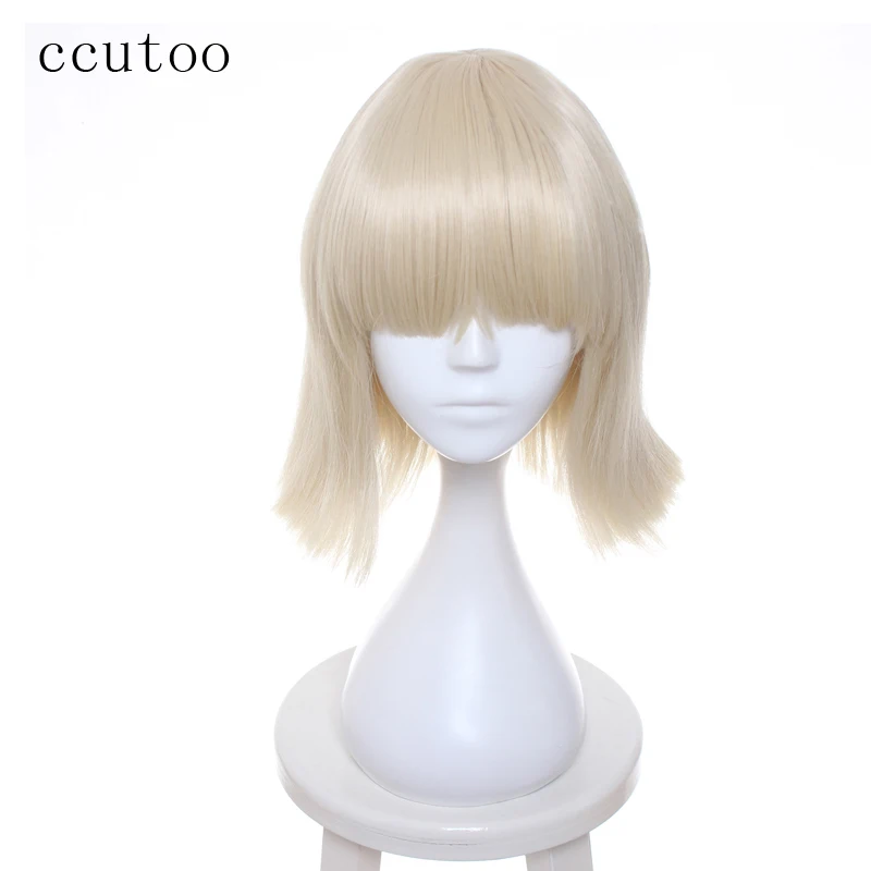 

ccutoo 35cm Lady Gaga Blonde Beige Short Straight Flat Bangs Synthetic Wig For Female Party Cosplay Wig