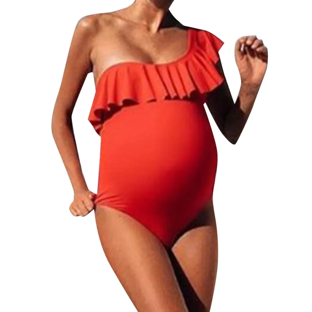 

Pregnant women beachwear pregnant women ruffled sleeve bikini swimsuit fashion ladies sexy solid color one-piece swimsuit 2019