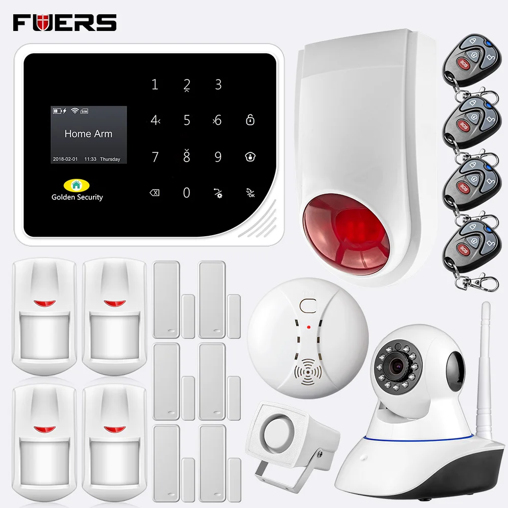 

FUERS 2.4G WIFi GSM S5 Home Secuity Alarm System PIR Motion Sensor 720P HD IP Camera App Control Can Store 5 Alarm Phone Numbers