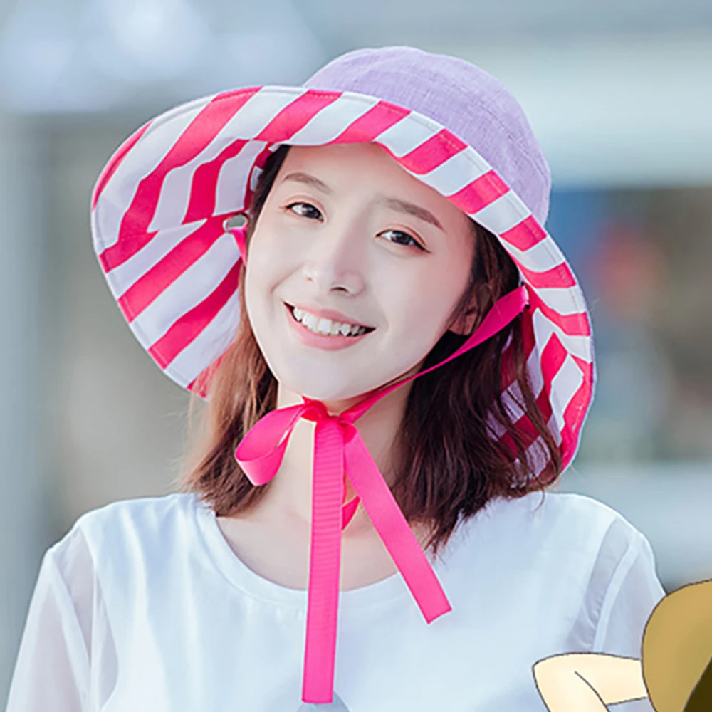 

Beach Sun Cap Summer Lady Wide Brim Fisherman Hat Women Casual Sunscreen Foldable Double-sided Striped Bucket Hat Plus 56-58cm