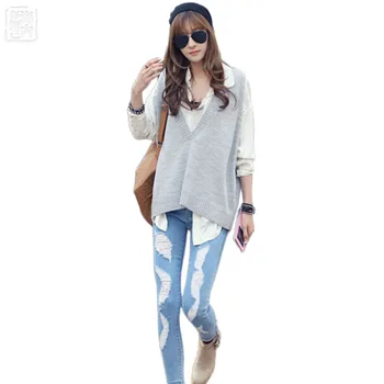 

Womens Knitted Wool Big V-Neck Loose Vest Winter Fall Match Waistcoat Female Sweater Sleeveless Pullover Fashion Black Vest