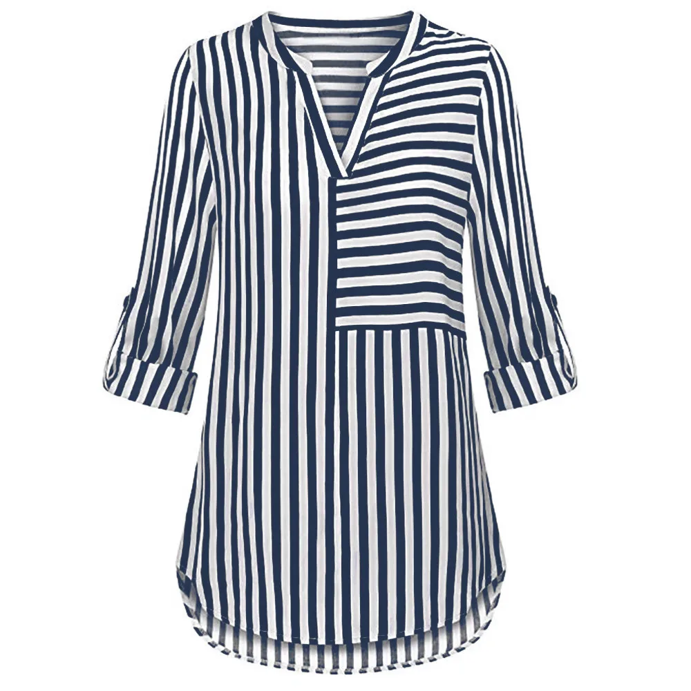 

Women Chiffon Striped Blouse casual Split V Neck Cuffed Sleeve Striped Blouses 2019 summer ladies Shirt office Tops J.24