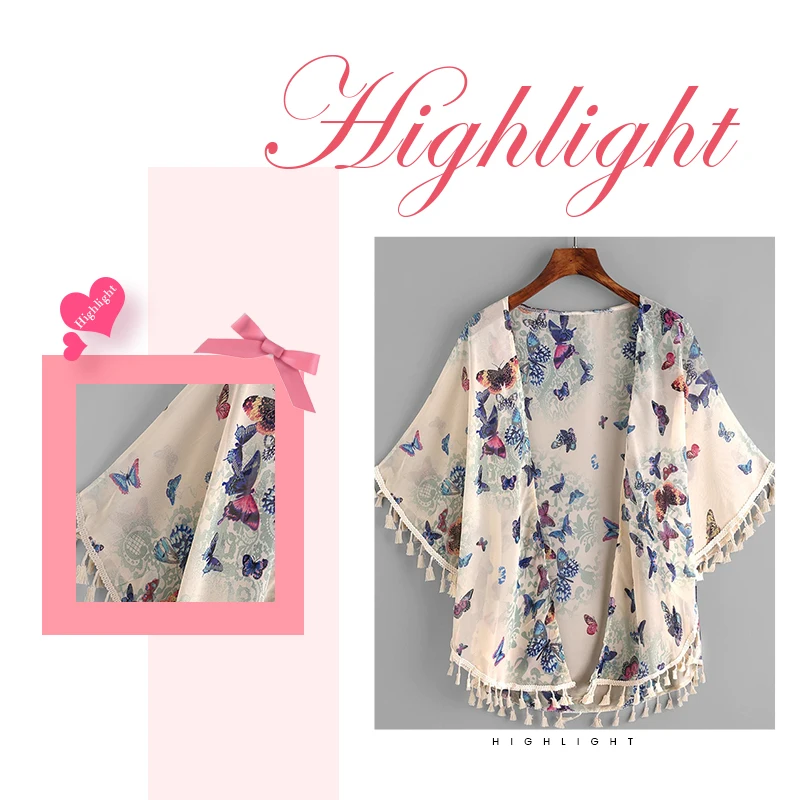 Dotfashion Butterfly Print Fringe Trim Top Kimono Womens Tops And Blouses 2019 Summer Casual Beachwear Short Sleeve Kimonos
