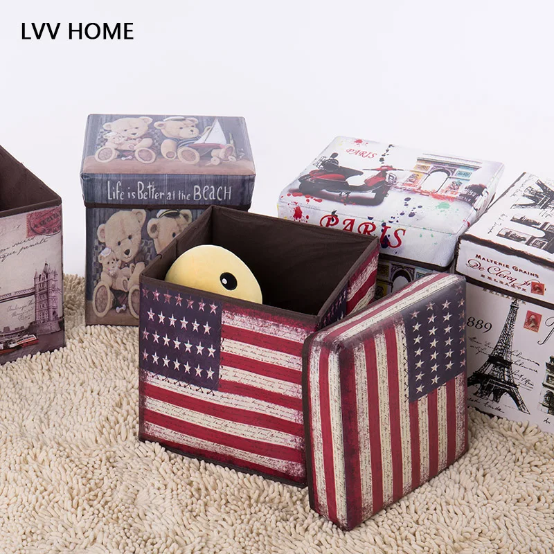 

LVV HOME vintage multifunction folding storage stool/Toy storage box home superstrong load-bearing seat lidded