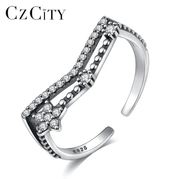 

CZCITY Charming Hollow Sterling Silver 925 Open Rings Female Geometric Glittering Zirconia Flower Shape Fine Jewelry Lovers Gift