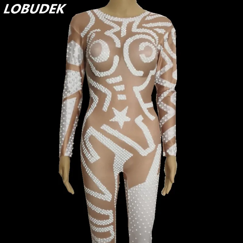 

White Crystals Elastic Skinny Jumpsuit European Style Nightclub DJ Women Singer Stage Outfit Bar Dancer Party Show Dance Costume