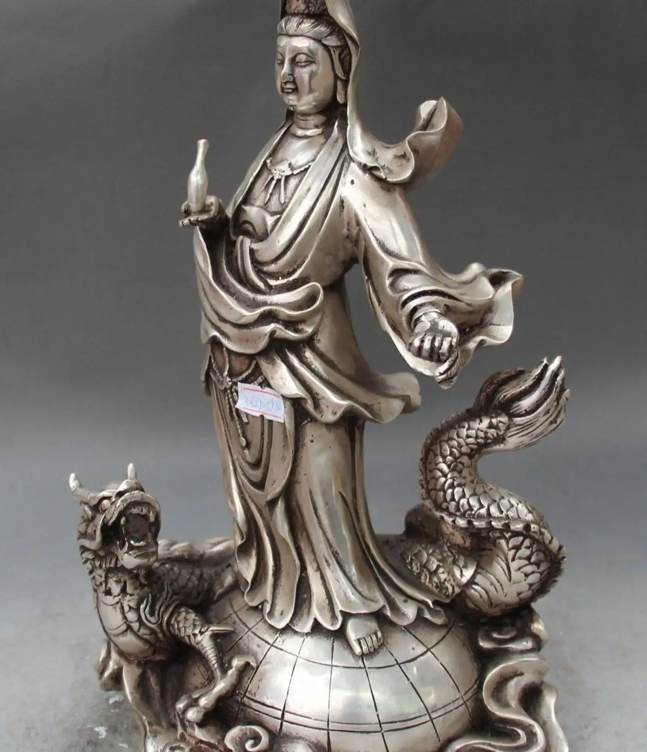 free shipping 12" Chinese Silver Stand Dragon Turtle Kwan yin Guanyin