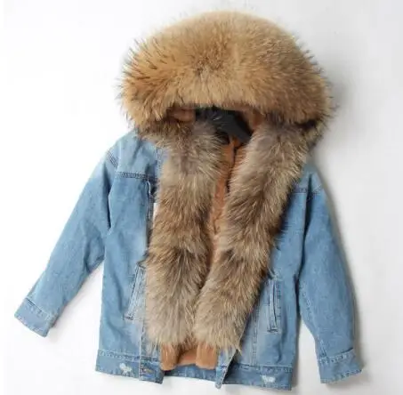 Maomaokong, джинсовая куртка с натуральным кроличьим мехом, пальто из лисьего меха, модное джинсовое пальто из лисьего меха, теплая женская зимняя куртка, Женская парка - Цвет: 7