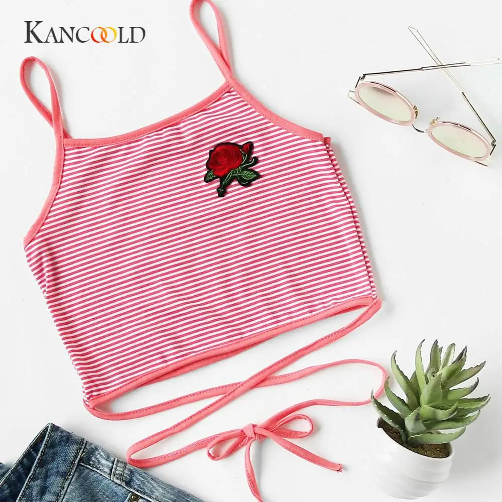 KANCOOLD tank tops cropped Short crop top hoodie Women Fashion Sexy Appliques Rose Sleeveless