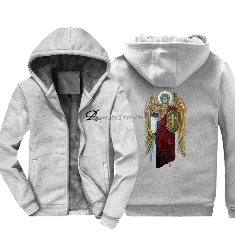 Мужской свитер с капюшоном в стиле Святого Майкла, рыцарь Архангела, католический христианский стиль, утолщенный хлопковый свитер, хип-хоп куртки, топы - Цвет: gray