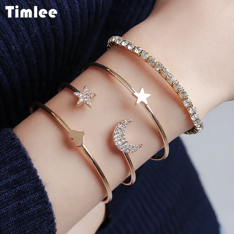 

Timlee B002 New Contracted Popular Star Moon Heart Rhinestone Alloy Open Bangles Set ,4pcs/set Fashion Jewelry Wholesale