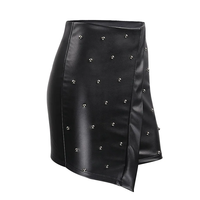 Короткая юбка из искусственной кожи Женская мода облегающая черная сексуальная мини-юбка с заклепками уличная Высокая талия облегающая юбка-карандаш