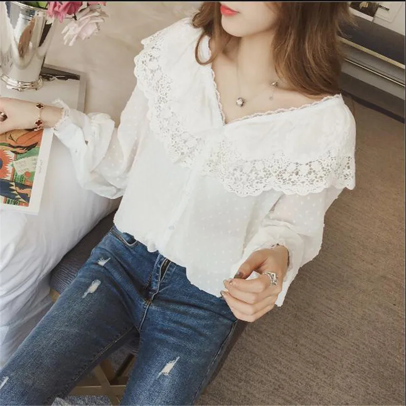 

2019 Spring Women White Lace Blouse Tops Casual V-Neck Ruffles Chiffon Blouses Ladies Hollow Out Long Sleeve Shirts Blusas A1337