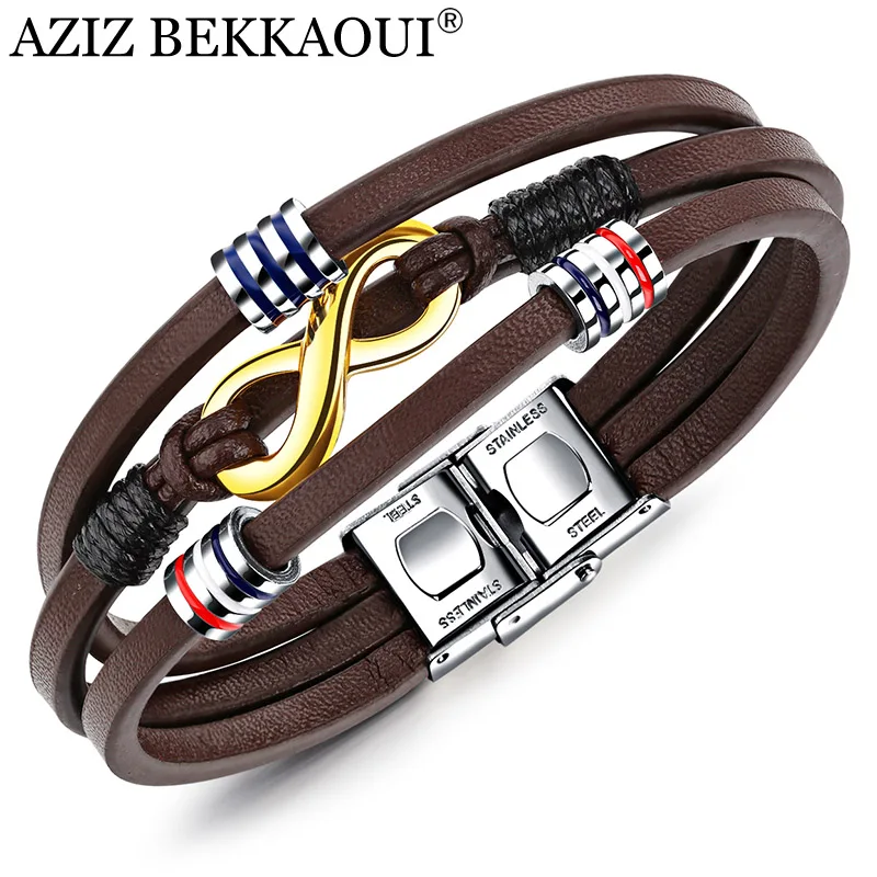 

AZIZ BEKKAOUI Brown Leather Bracelet for men Infinity Bracelet Stainless Steel Male Jewelry Braid Chain Beads Accessories