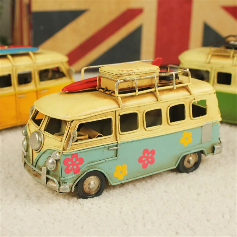  mini car model toys Retro classic car camping bus iron ornaments home coffee shop wedding decoratio
