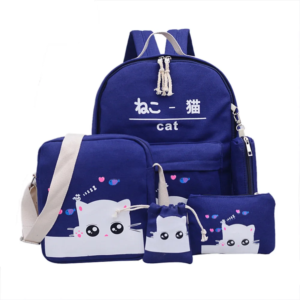 

5pcs/Set Cat Backpacks for teenage girls school bags student drawings Lovely canvas kitty printing cute pencil case Bag bolsas
