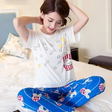 Летние женские пижамы с коротким рукавом, топы+ брюки, 2 предмета, одежда для сна, большие размеры, пижамные комплекты с героями мультфильмов, Повседневная белая домашняя одежда