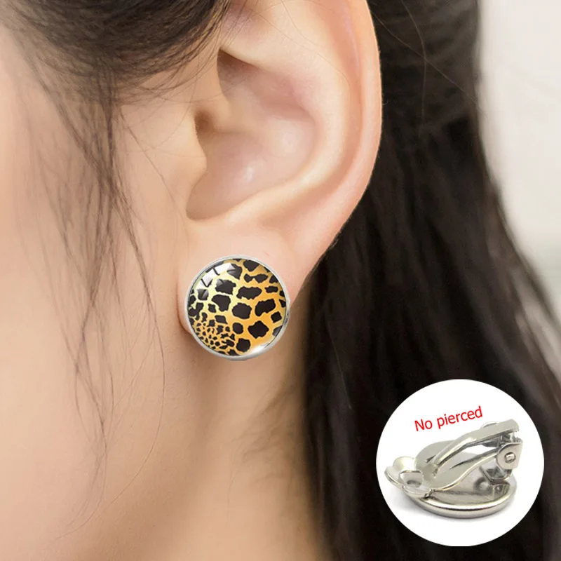 

Vintage Leopard Print Style Glass Dome Clip Earrings Hand Craft Leopard Print Jewelry No Pierced Earrings Gifts Accessory
