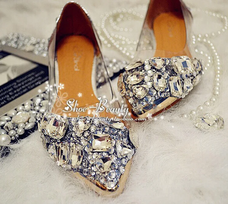 Luxury Vogue Spring Summer Beautiful Silver Flat Heel Crystal bridal Formal Shoe Lady wedding shoes New