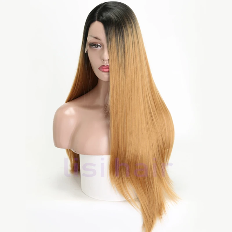 LISI HAIR Long Straight Synthetic Front Lace Wig For Black Women Hair 26 inches Black Golden Cyan Pink 4 Colour African America