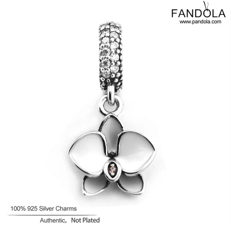 

Genuine 925 Sterling Silver Charm Orchid White Enamel Flower Dangle Beads for Jewelry Making Fits Pandora Charms Bracelet
