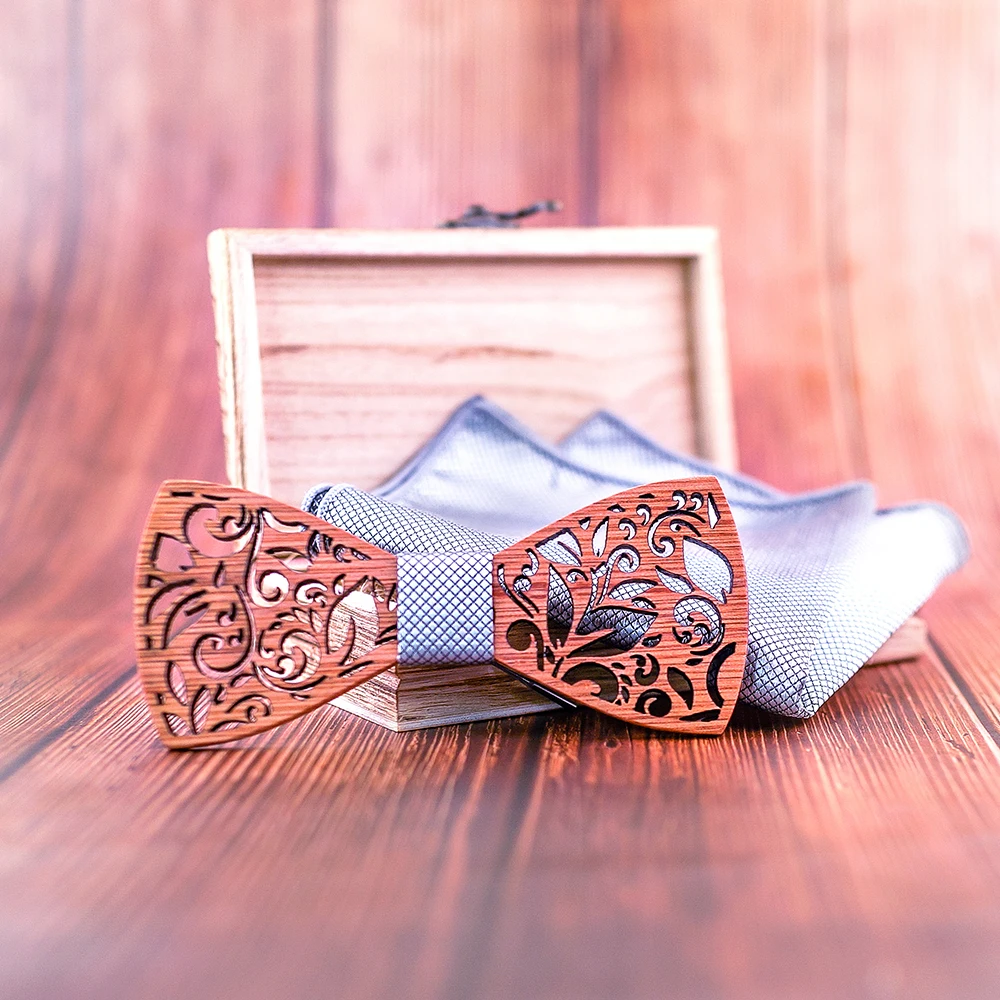 Wood BowTie Handkerchief Set Men's wooden Bowtie with cufflinks Floral design wood Box Fashion Novelty men ties