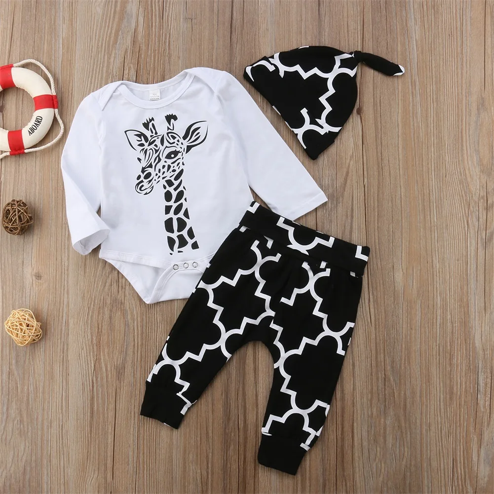 Комплект из 3 предметов; Одежда для новорожденных мальчиков; хлопковый комбинезон с длинными рукавами с рисунком оленя+ штаны+ шапочка; комплект одежды