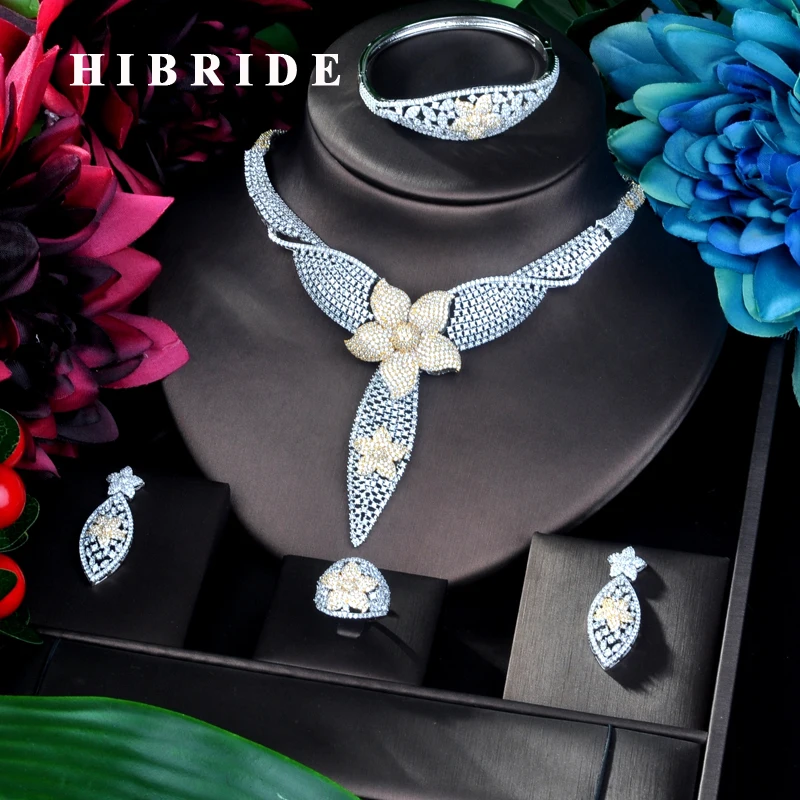 

HIBRIDE Unique Big Flower Pendant Double Tone Dubai Jewelry Set CZ Earrings Necklace Women Bridal Jewelry Set Party Gifts N-898