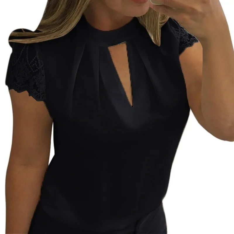 Laamei, кружевные блузки для женщин,, открытые сексуальные топы, Женские однотонные повседневные офисные рубашки размера плюс 5xl, блузки с v-образным вырезом, уличная одежда - Цвет: black