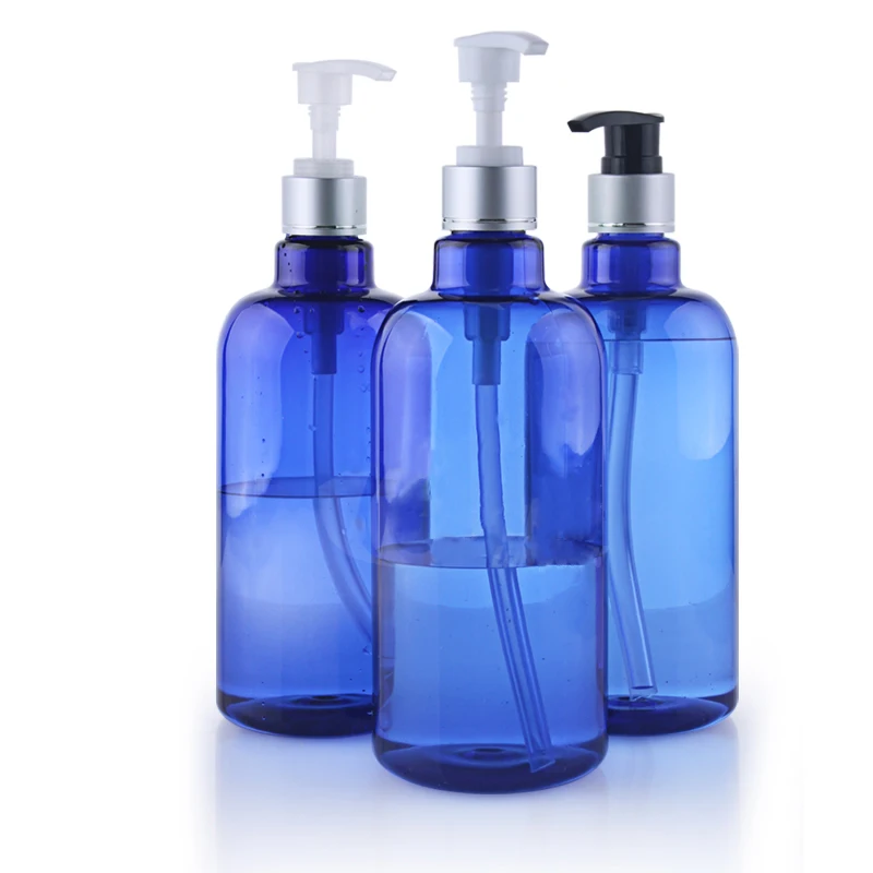 

10pcs Shampoo Bottles Pump Dispenser Plastic Lotion Bottle Blue Foil Neck Screw Head Packaging Empty Gel Container 500ml