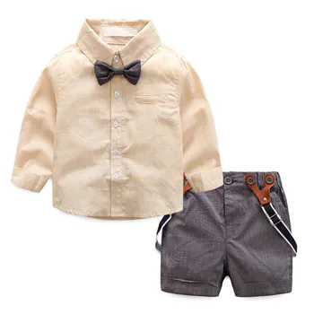 

Baby Boy Clothes Sets 2018 Autumn Tie+shirt+suspender Shorts 3pcs Suits Kids Clothing Sets Infant Gentleman Wedding Suits