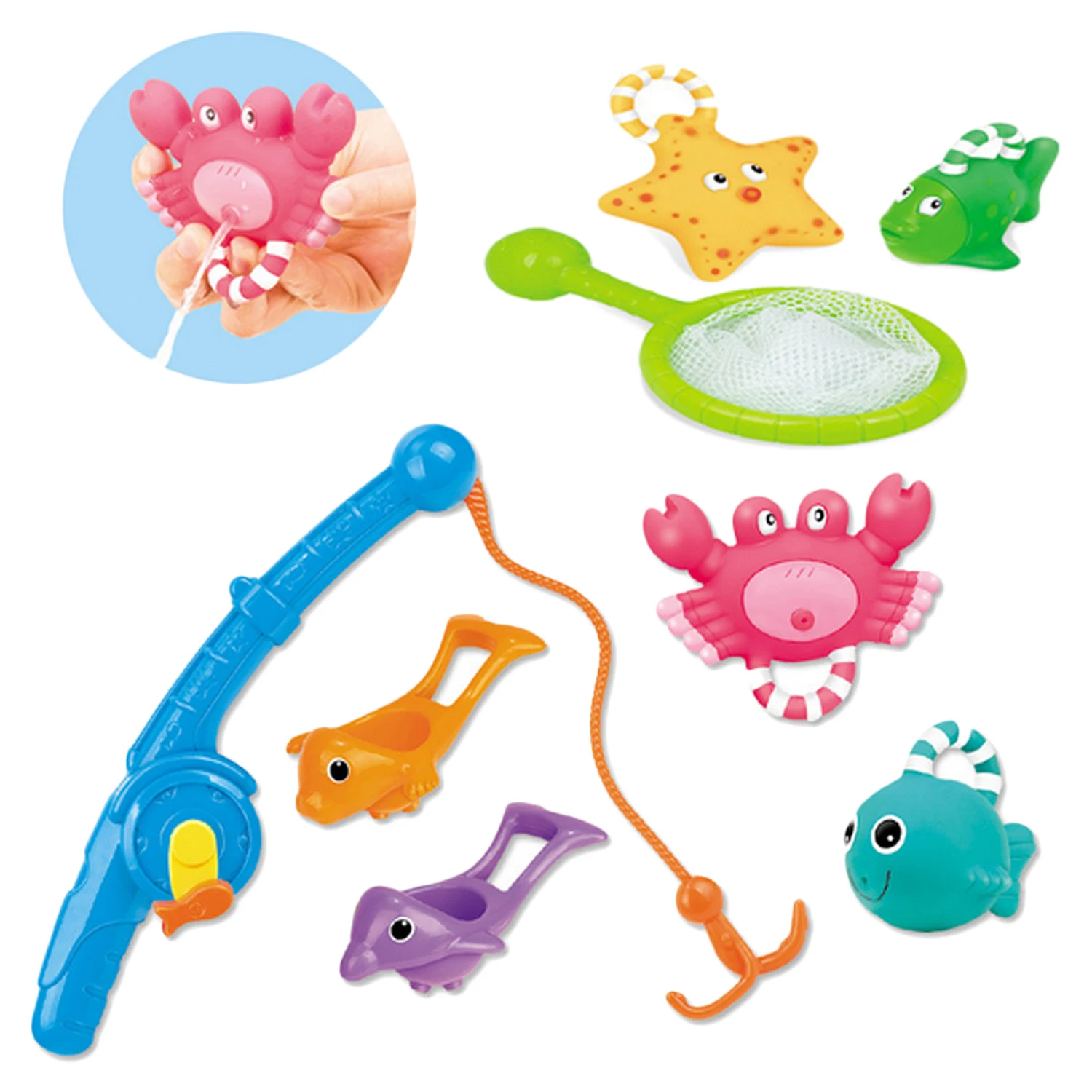 8Pcs Bath Fishing Toy Set with Animals Fishing Rod Net Summer Play Fish