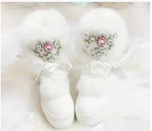 Real Rabbit Fur Winter Boots Girls Rhinestones Diamond Fashion Snow Boots Thick Warm High Top Women